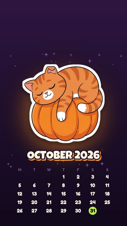 October 2026 calendar phone wallpaper with Oyen asleep on a pumpkin