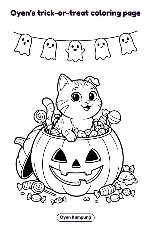 Coloring page: Oyen the cat in a pumpkin candy bucket