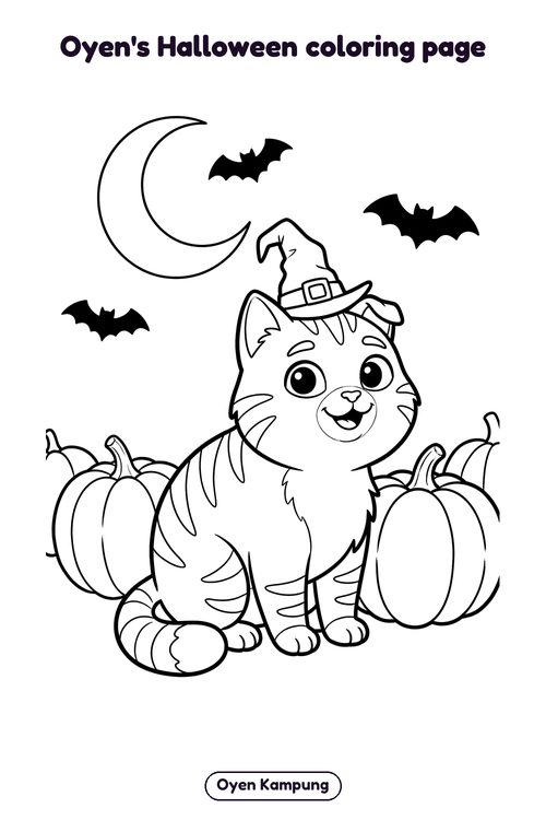 Coloring page: Oyen the cat in a witch hat in a pumpkin patch