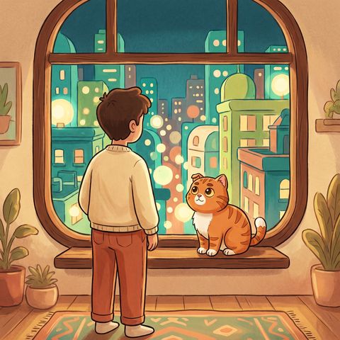 Cozy orange cat illustration: Miss home? This is home too.