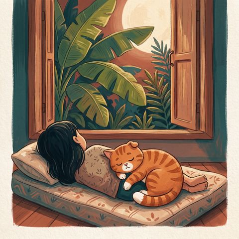 Cozy orange cat illustration: Rest. The kampung will still be here tomorrow.