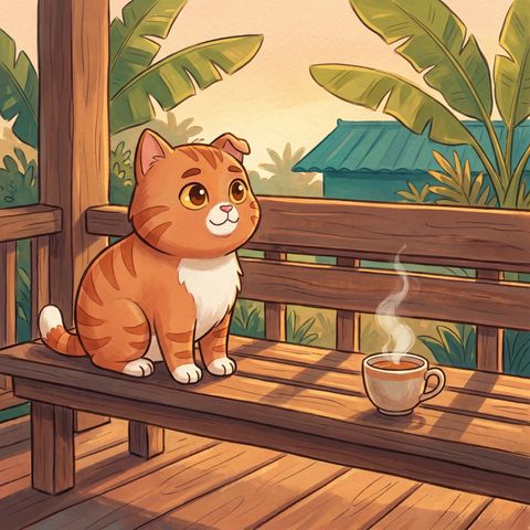 Cozy orange cat illustration: Long week. Come, sit.