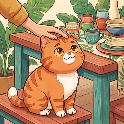 Cozy orange cat illustration: I knocked nothing over today. It was for you.