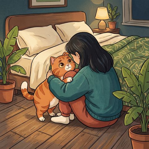 Cozy orange cat illustration: It's okay to cry. I won't tell anyone.