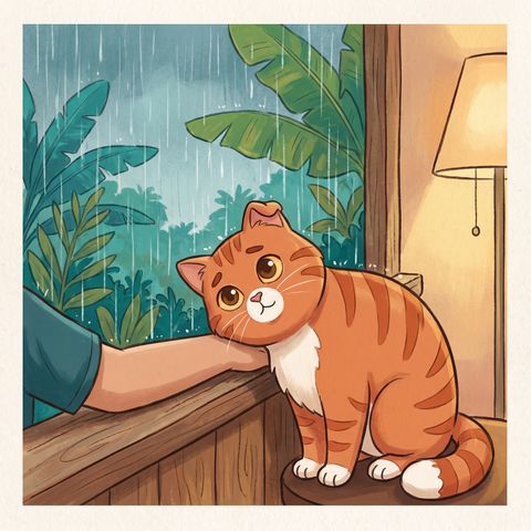 Cozy orange cat illustration: Rain outside. Warm in here.