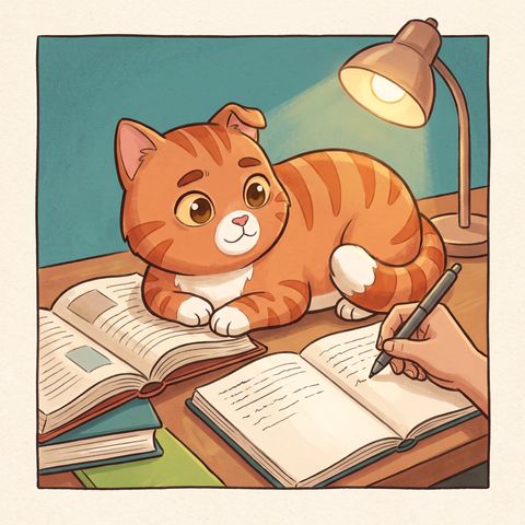 Cozy orange cat illustration: Exams tomorrow? I'll guard your books.