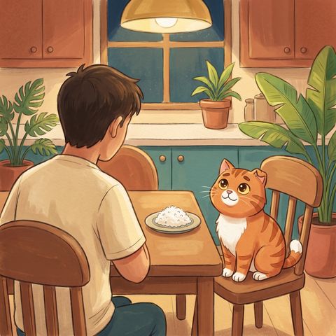 Cozy orange cat illustration: Missed dinner? Me too. Let's share.