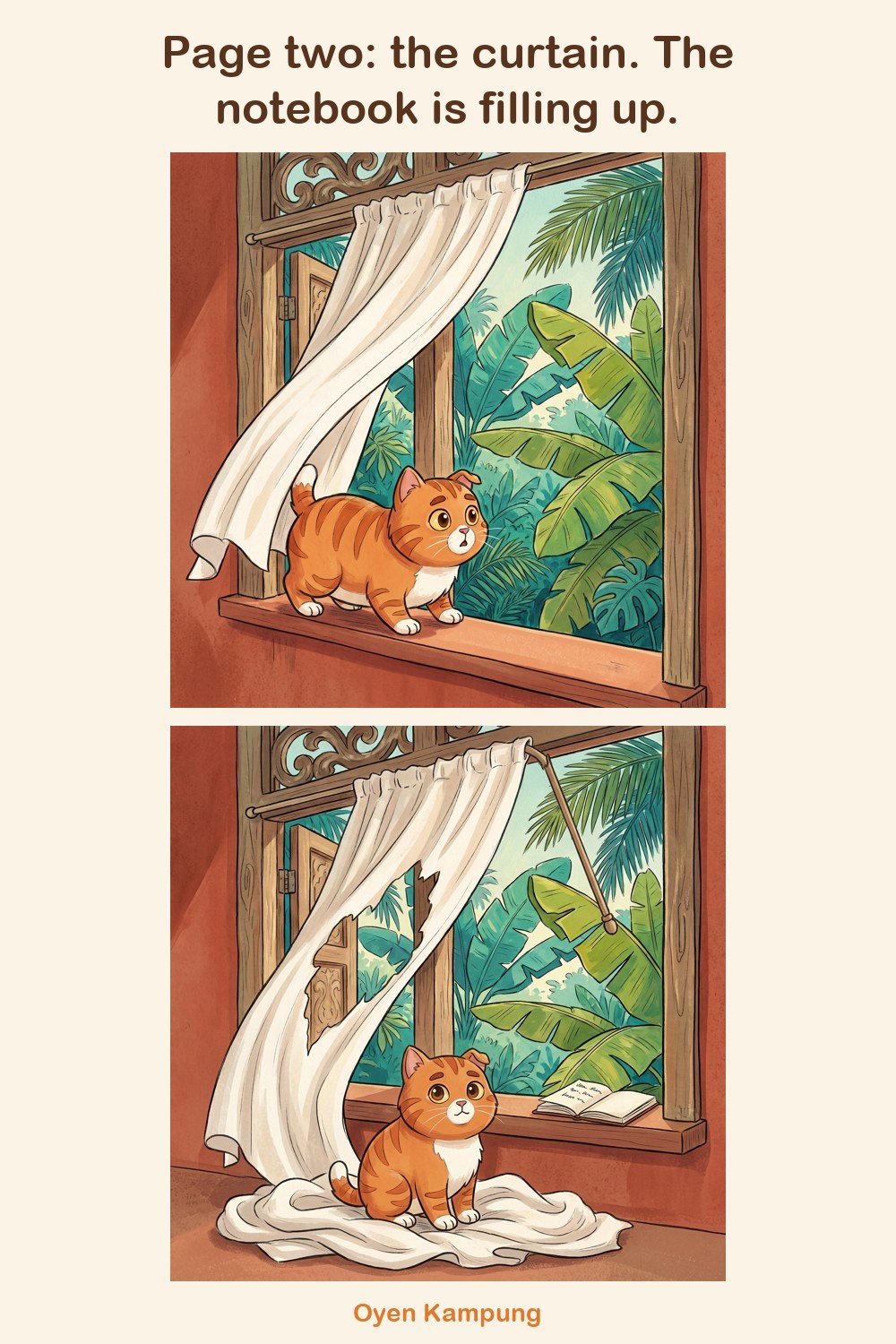 Page two: the curtain. The notebook is filling up.