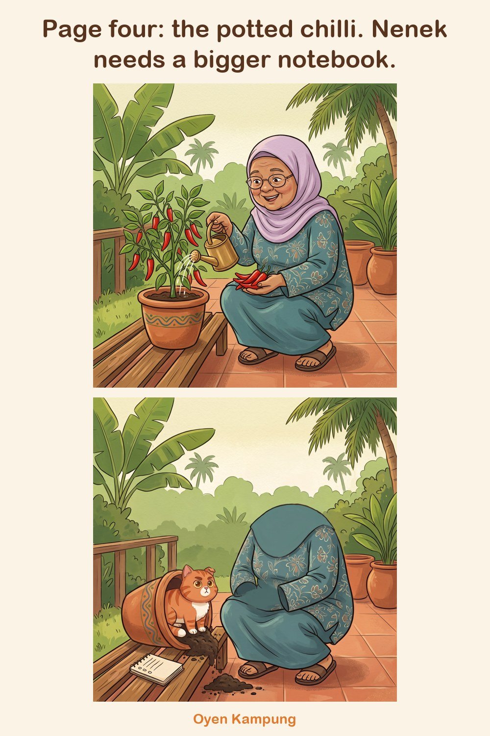 Page four: the potted chilli. Nenek needs a bigger notebook.