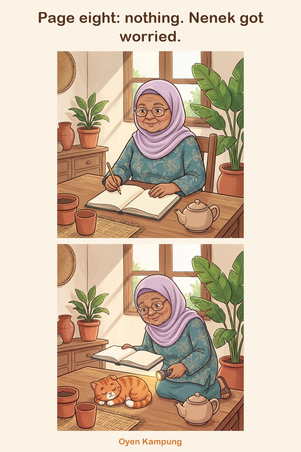 Page eight: nothing. Nenek got worried.